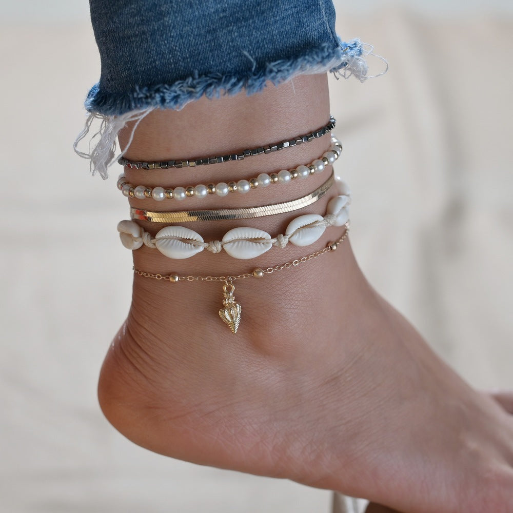 Personalized ocean wind pearl conch shell woven 5-piece anklet set-canovaniajewelry