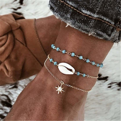 Summer popular rhinestone star pendant anklets woven rice beads shell anklets-canovaniajewelry