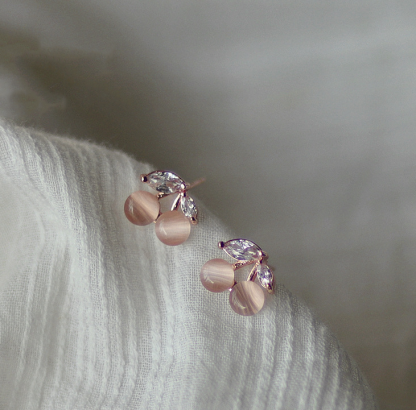 Cherry shaped zircon glass opal stud earrings-canovaniajewelry