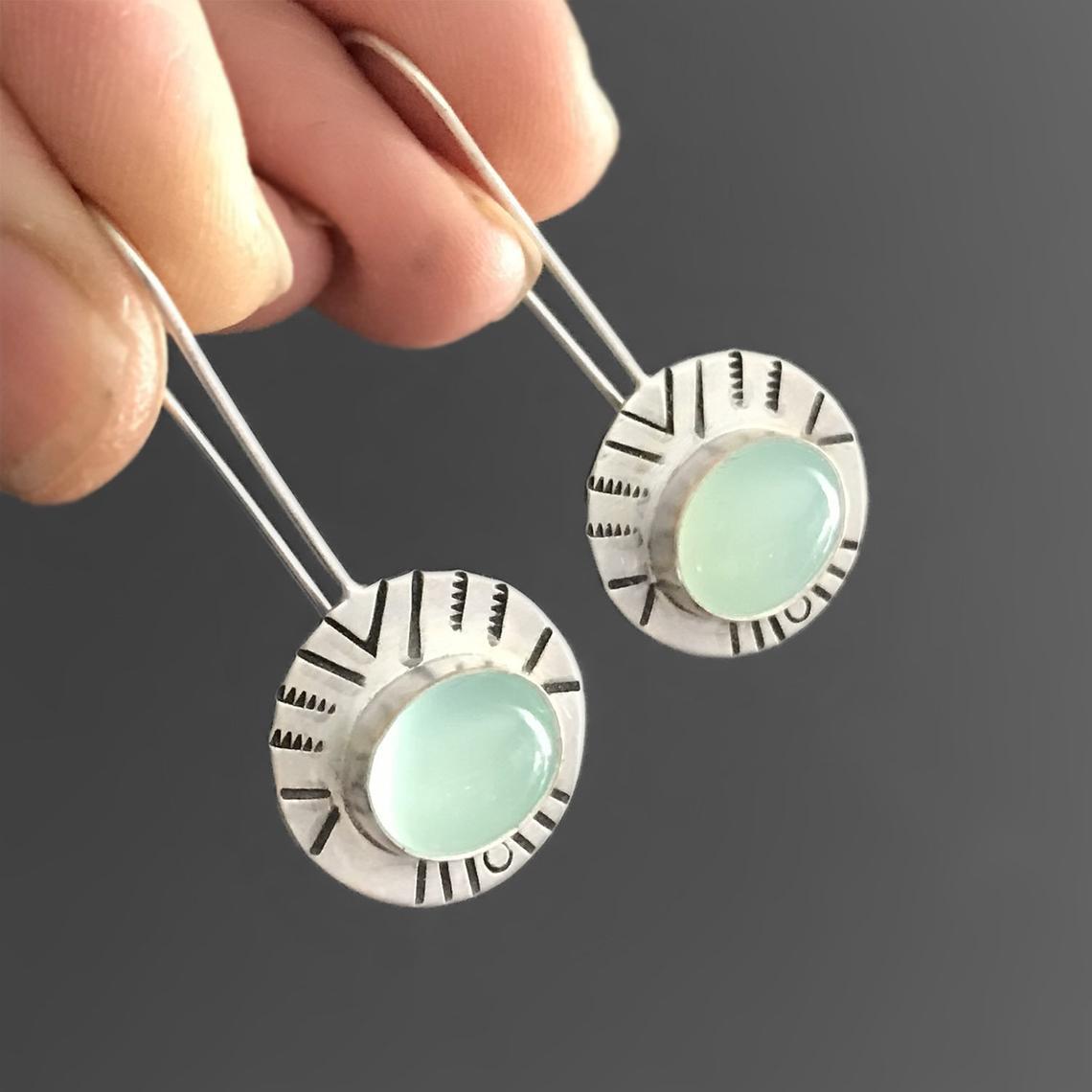 Aqua green chalcedony and embossed ancient silver earrings-canovaniajewelry