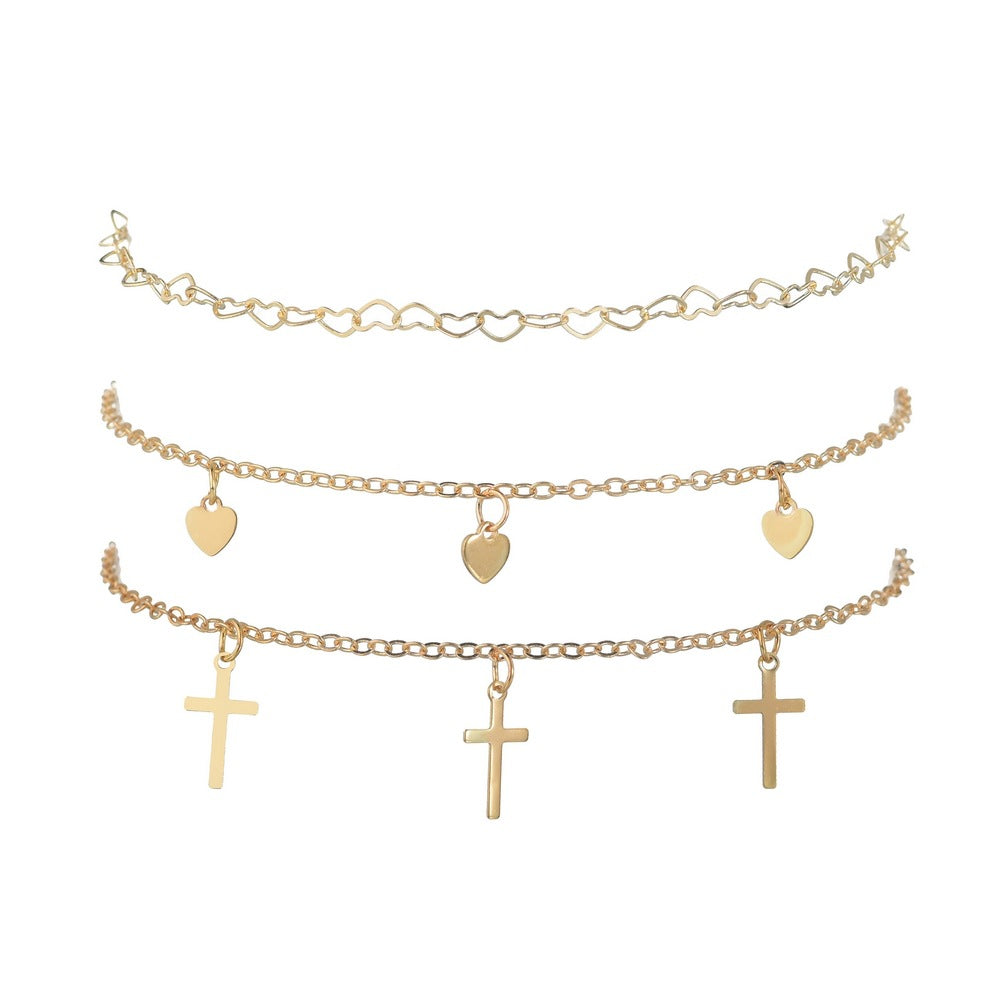 Summer personality multi-layer pop cross heart anklet-canovaniajewelry