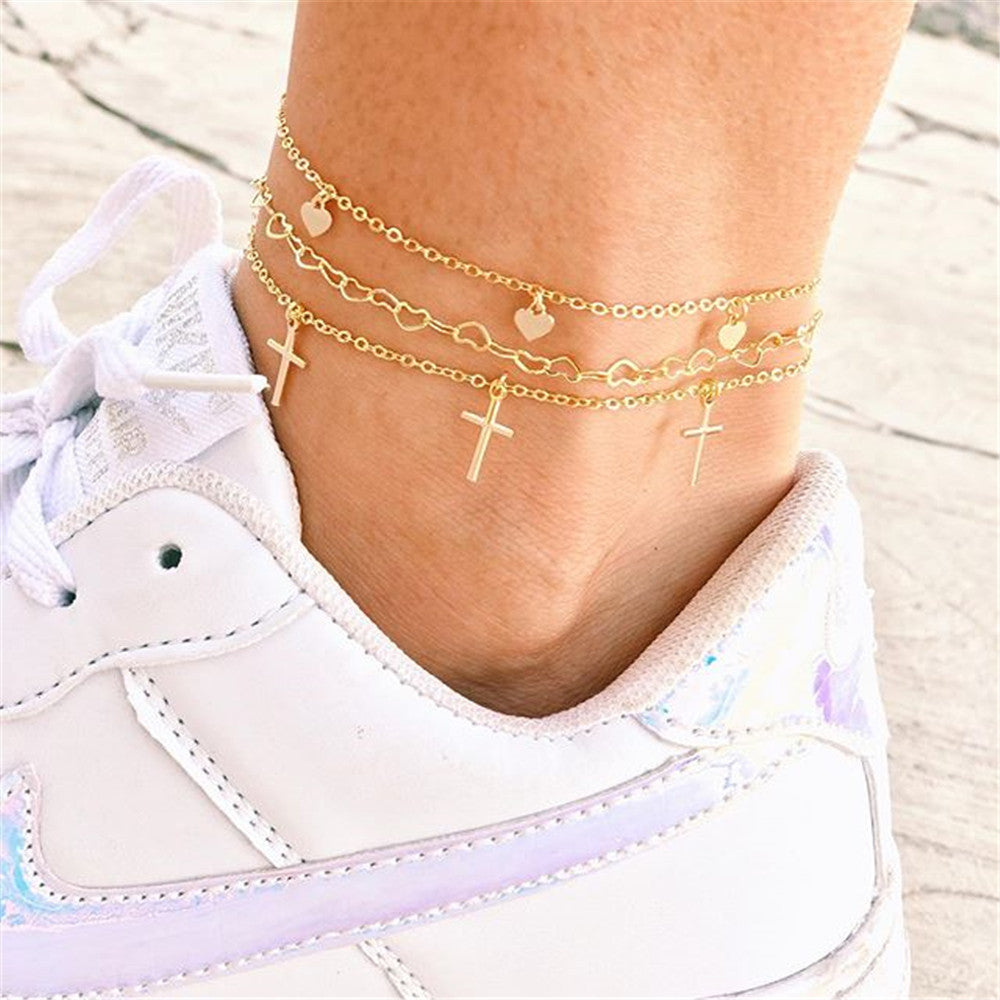Summer personality multi-layer pop cross heart anklet-canovaniajewelry