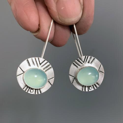 Aqua green chalcedony and embossed ancient silver earrings-canovaniajewelry