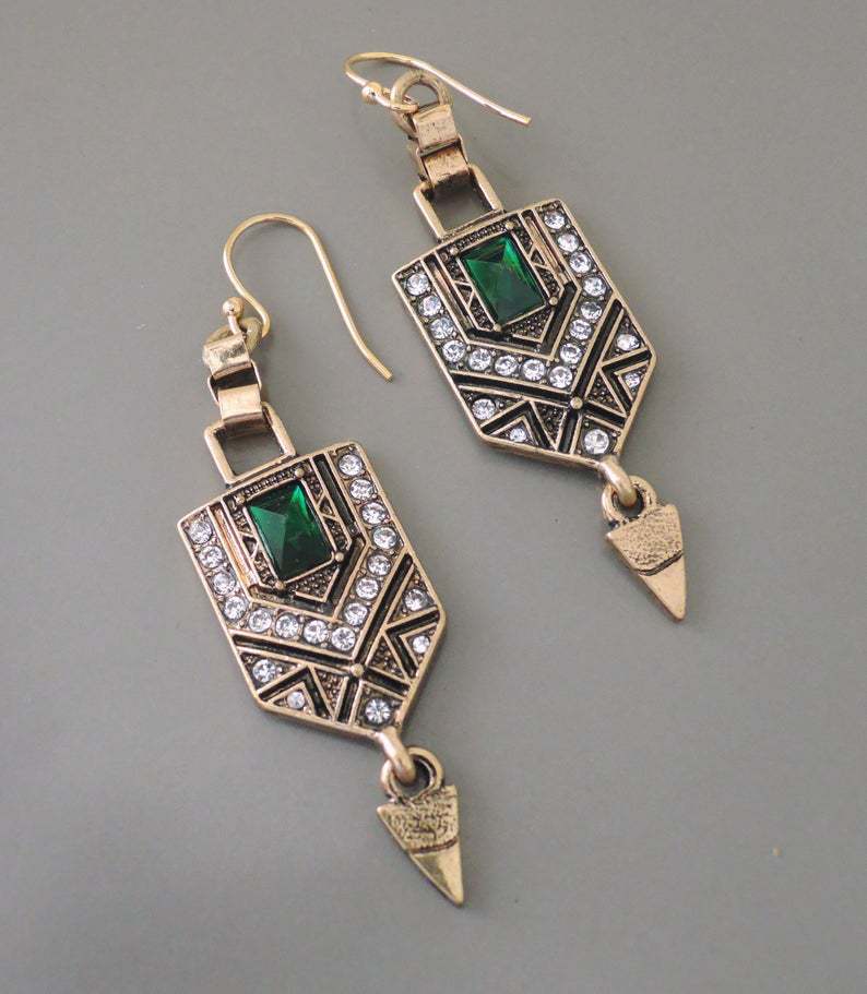 Vintage Geometric Shape Shiny Synthetic Gems Inlaid Dangle Earrings