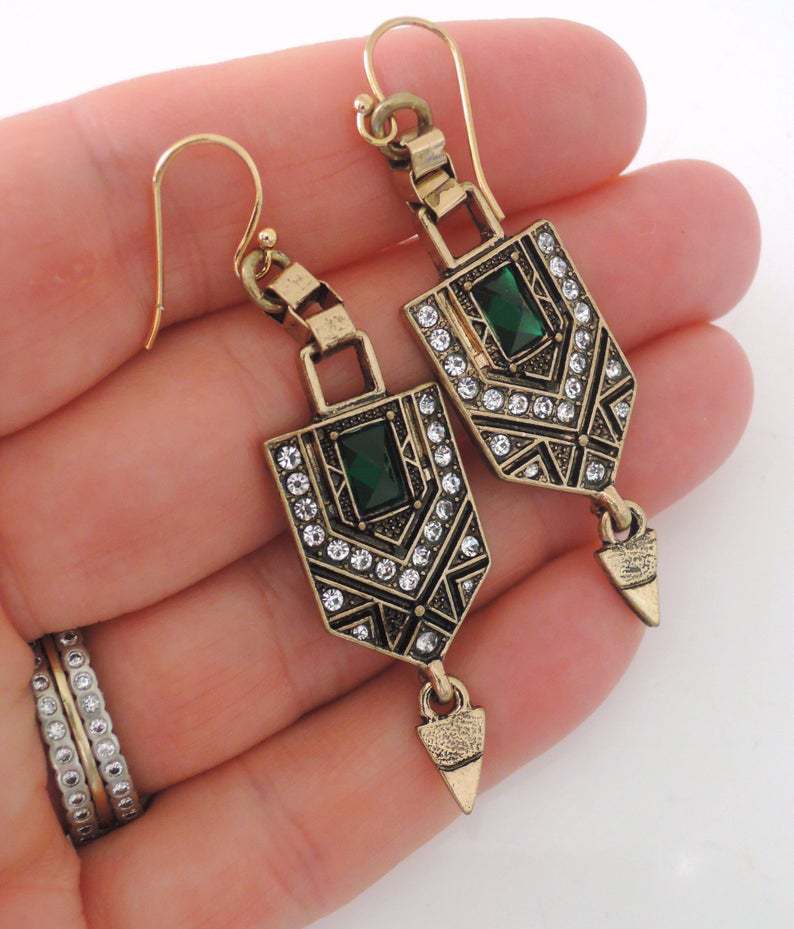 Vintage Geometric Shape Shiny Synthetic Gems Inlaid Dangle Earrings