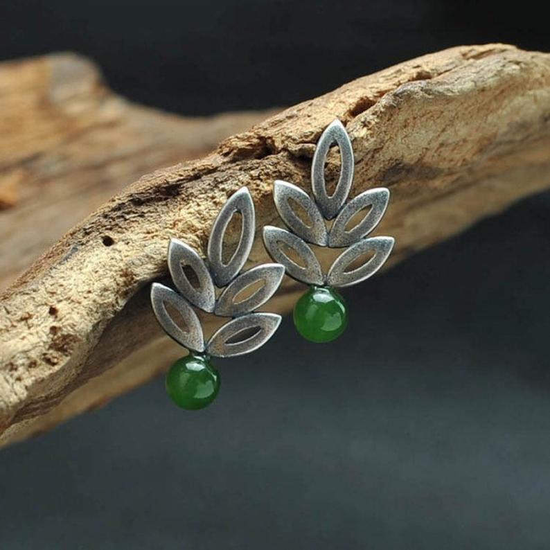 Fashion emerald chalcedony Leaf Earrings-canovaniajewelry