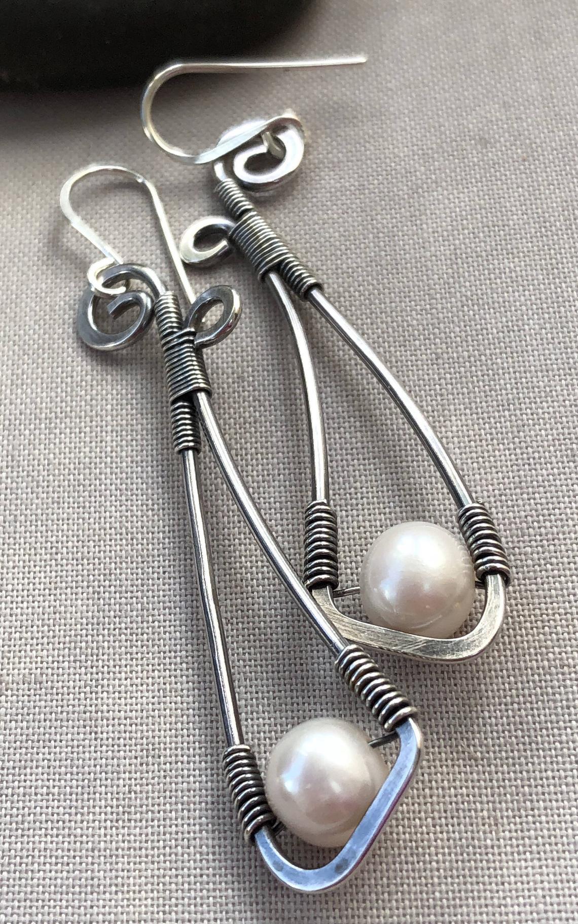 Boho style silver earrings with pearls-canovaniajewelry