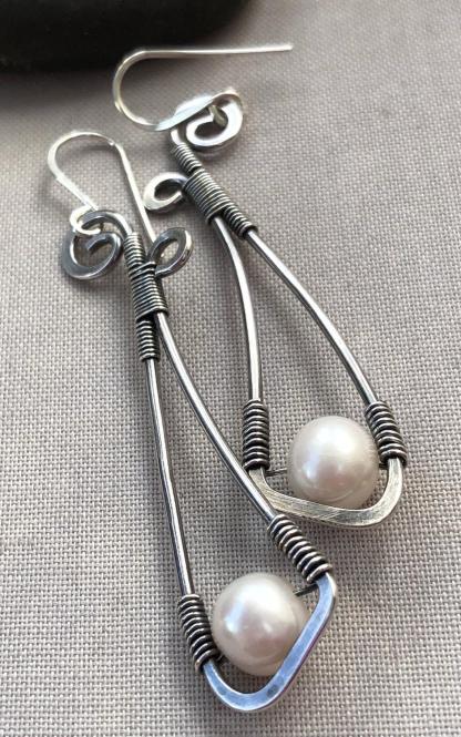 Boho style silver earrings with pearls-canovaniajewelry