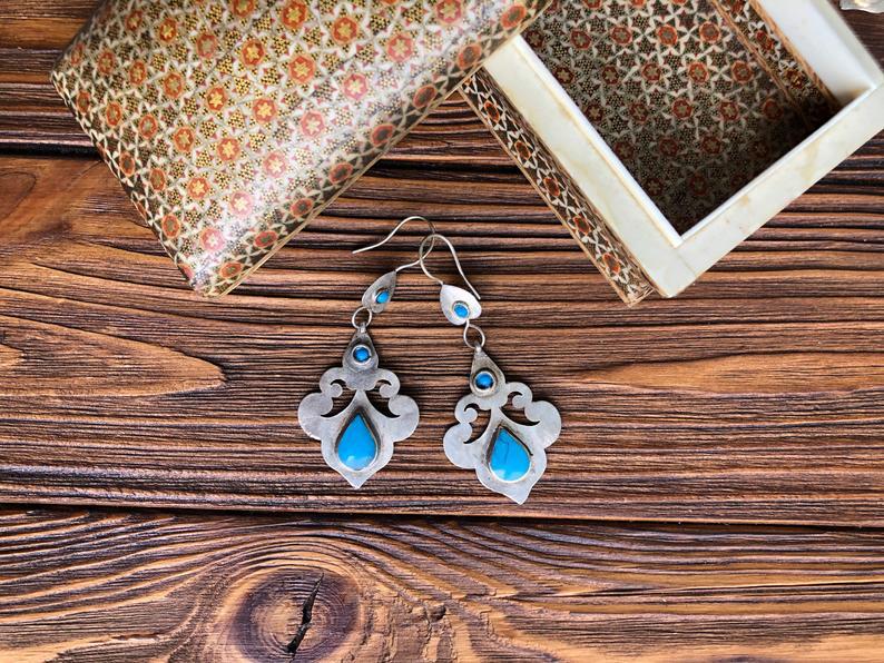 Bohemian Retro Turquoise Earrings Princess Style antique Blue hoop earrings-canovaniajewelry