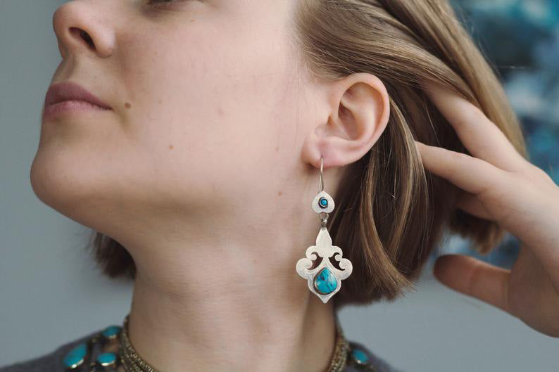 Bohemian Retro Turquoise Earrings Princess Style antique Blue hoop earrings-canovaniajewelry