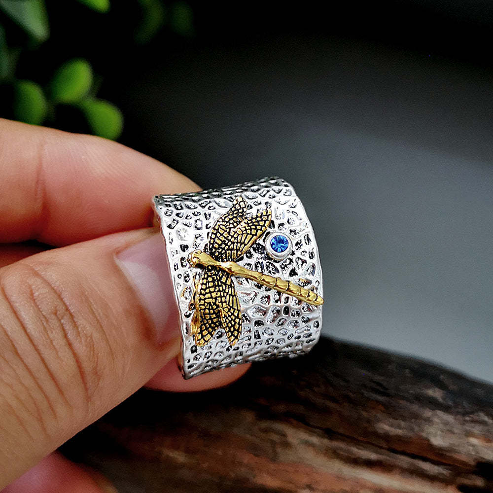 925 Thai silver gold dragonfly diamond ring-canovaniajewelry