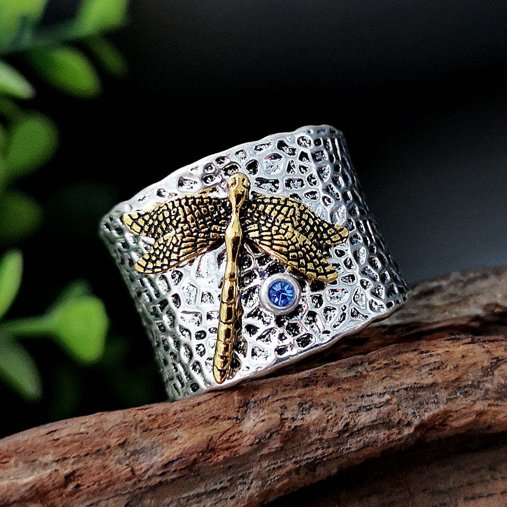 925 Thai silver gold dragonfly diamond ring-canovaniajewelry