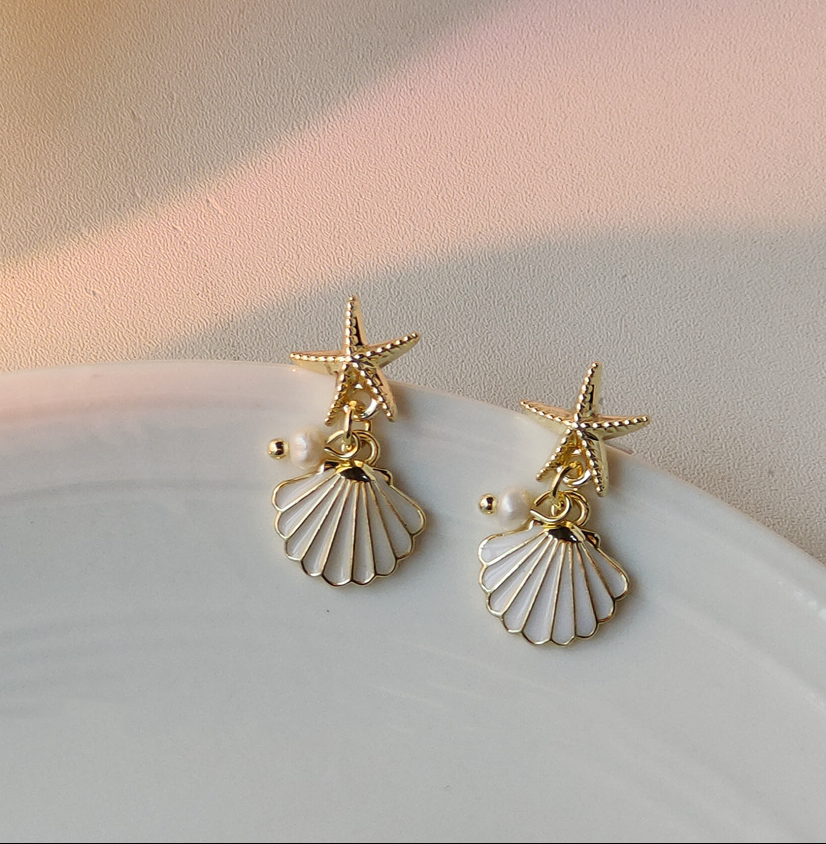 925 silver needle starfish pearl shell earrings-canovaniajewelry