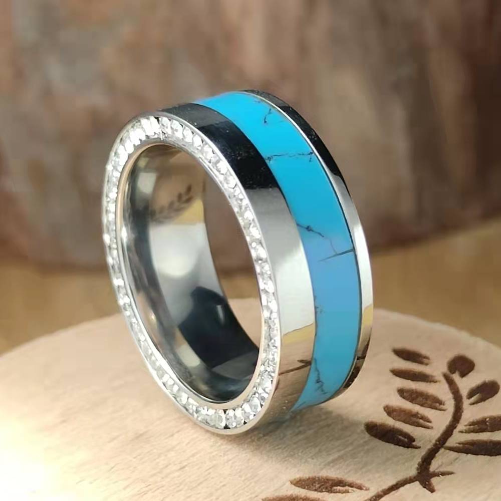 Side Inlay Titanium Turquoise Band Ring-canovaniajewelry