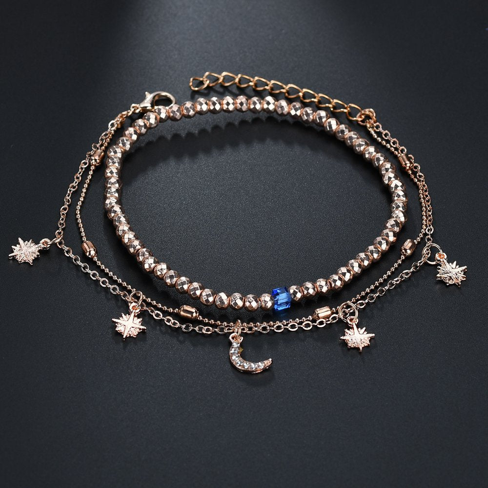 Multi-layer women's beaded star and moon anklet-canovaniajewelry