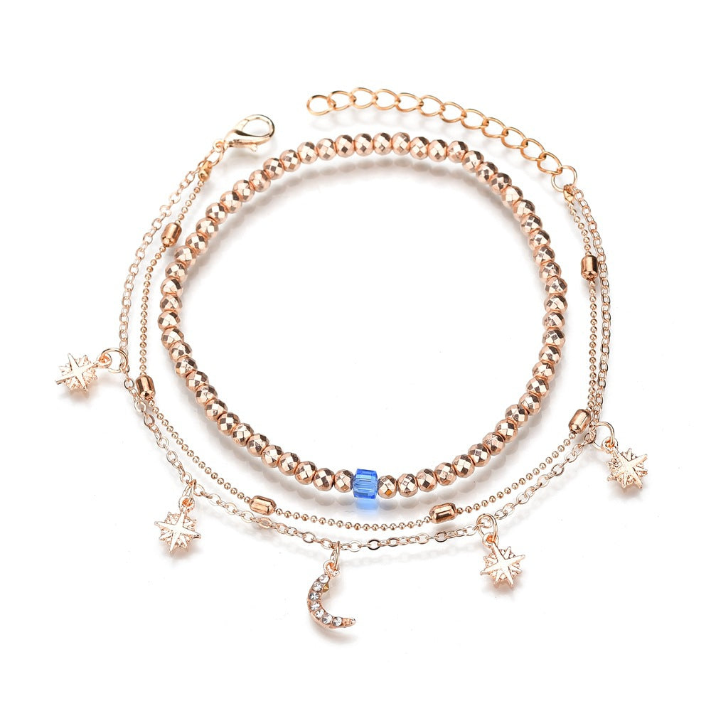 Multi-layer women's beaded star and moon anklet-canovaniajewelry