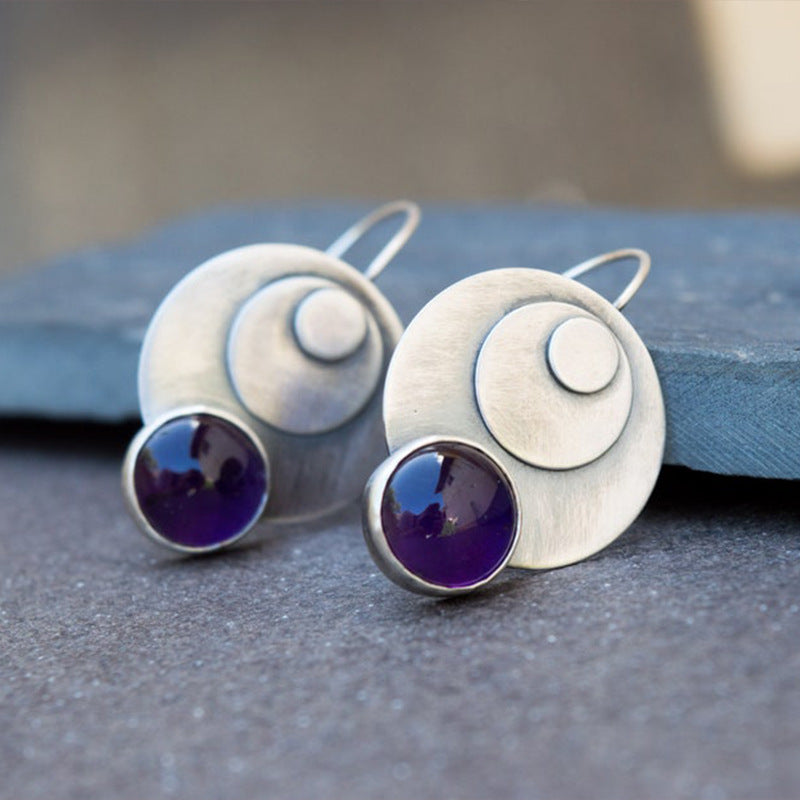Retro Round Metal Purple Stone Drop Earrings-canovaniajewelry