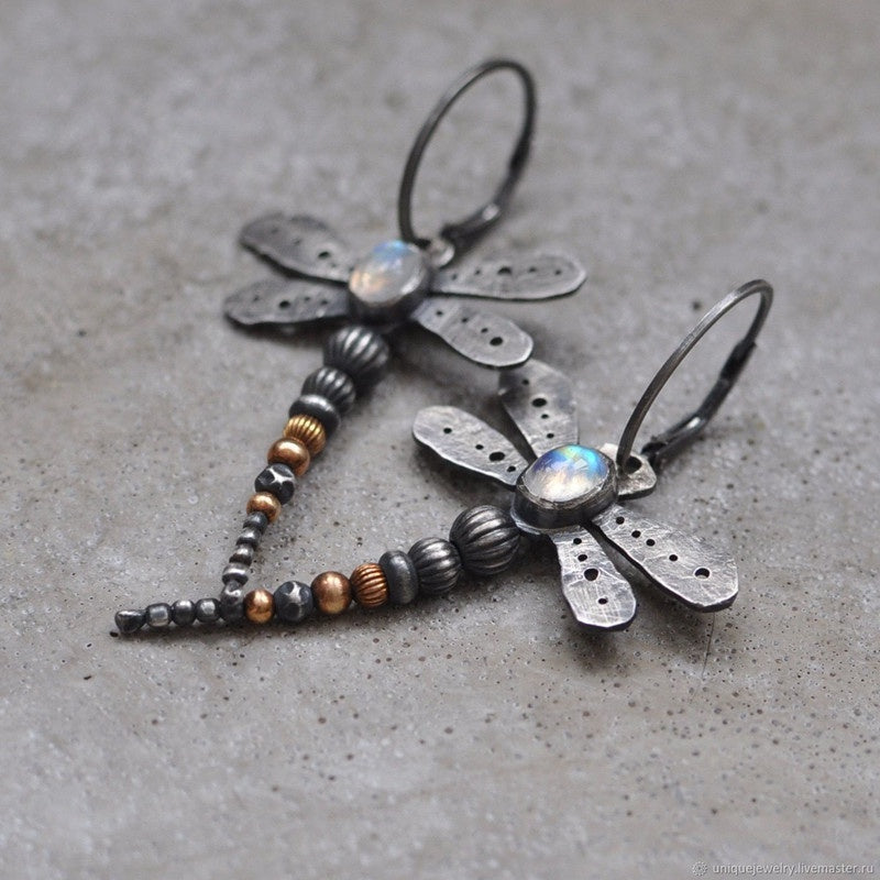 Round moonstone dragonfly earrings-canovaniajewelry