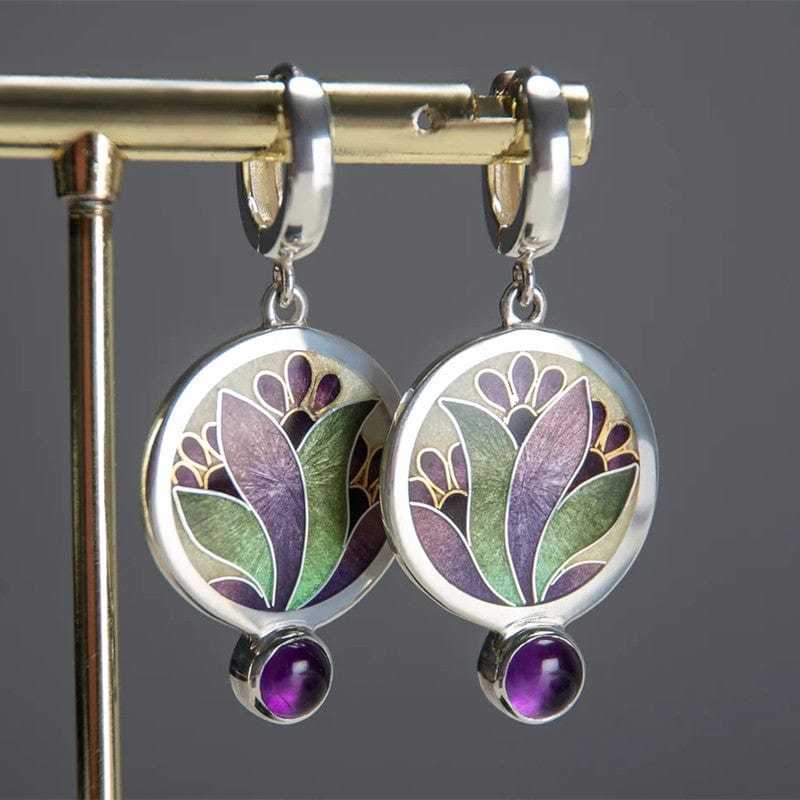 Boho Round Metal Inlaid Amethyst Earrings-canovaniajewelry