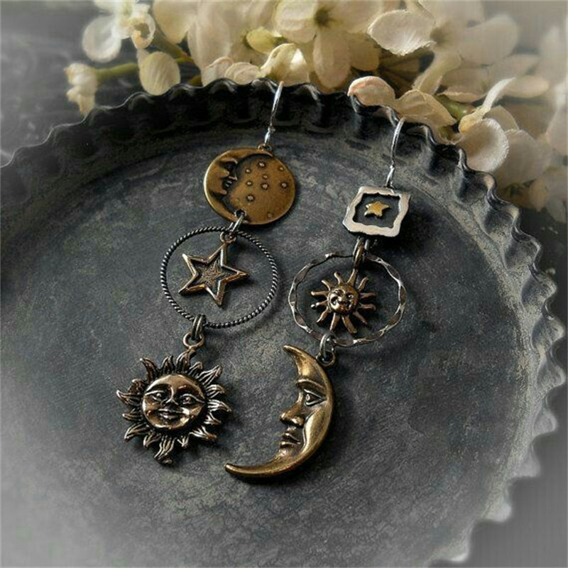 Greek mythology face sun and moon creative design earrings-canovaniajewelry