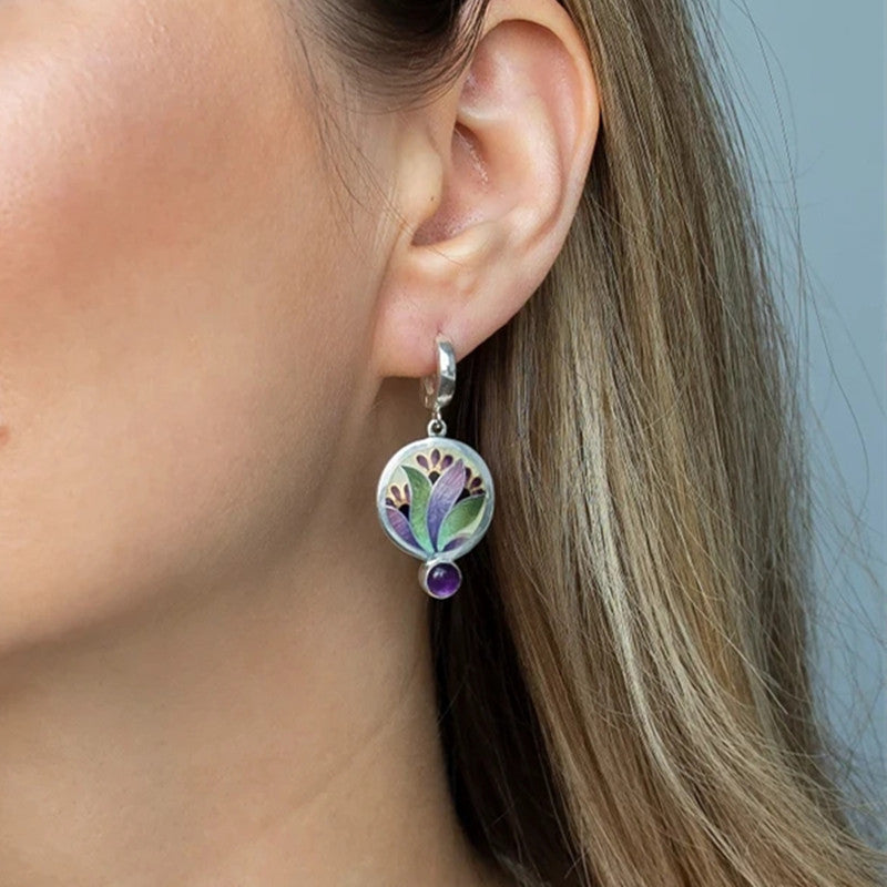Boho Round Metal Inlaid Amethyst Earrings-canovaniajewelry