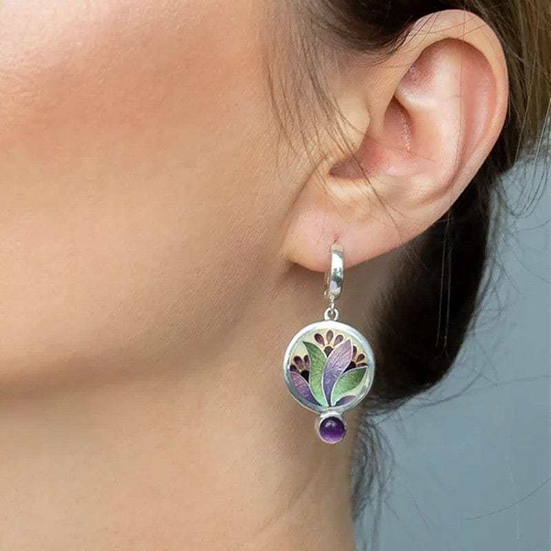 Boho Round Metal Inlaid Amethyst Earrings-canovaniajewelry