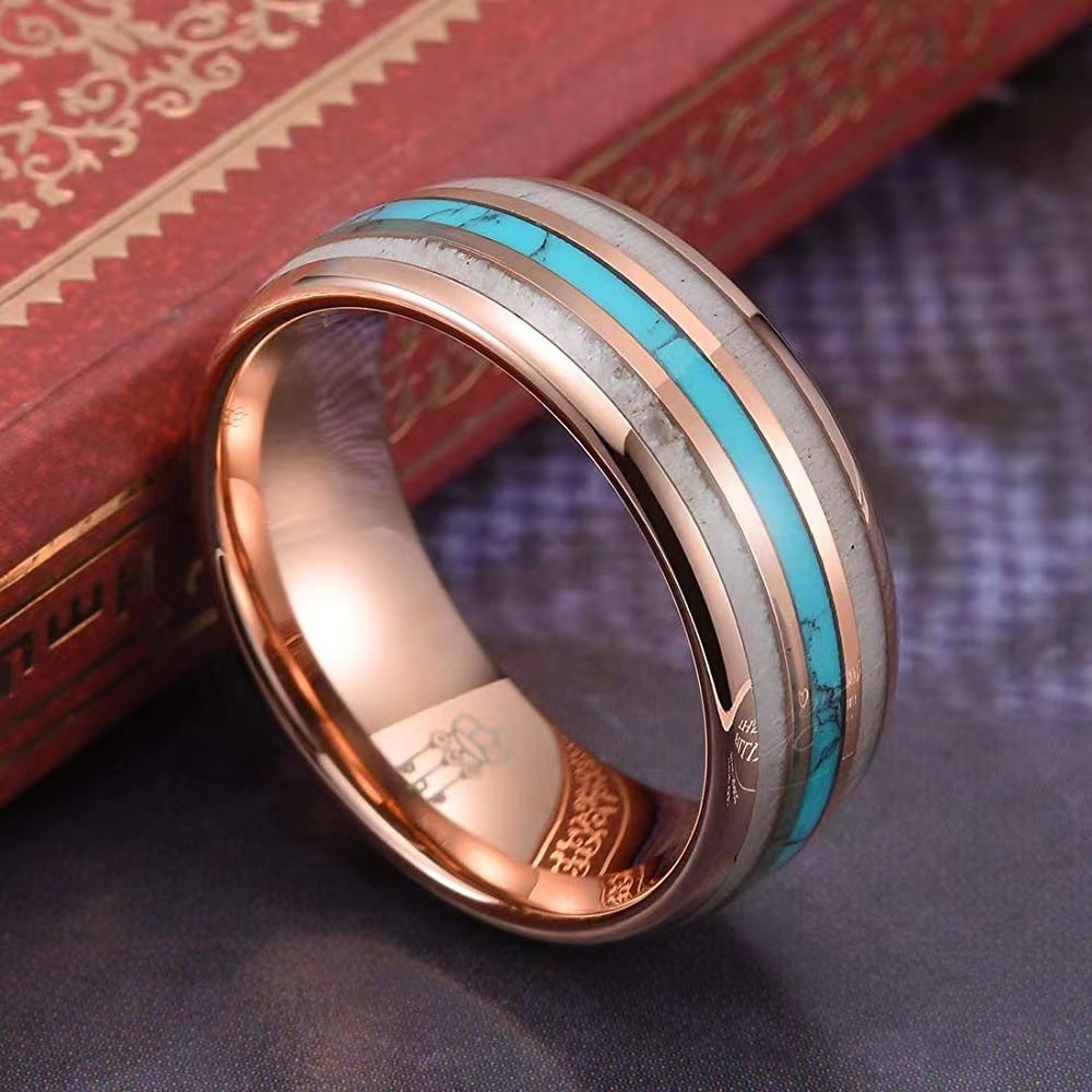 Tungsten Three Steel Groove Antler Turquoise Ring-canovaniajewelry
