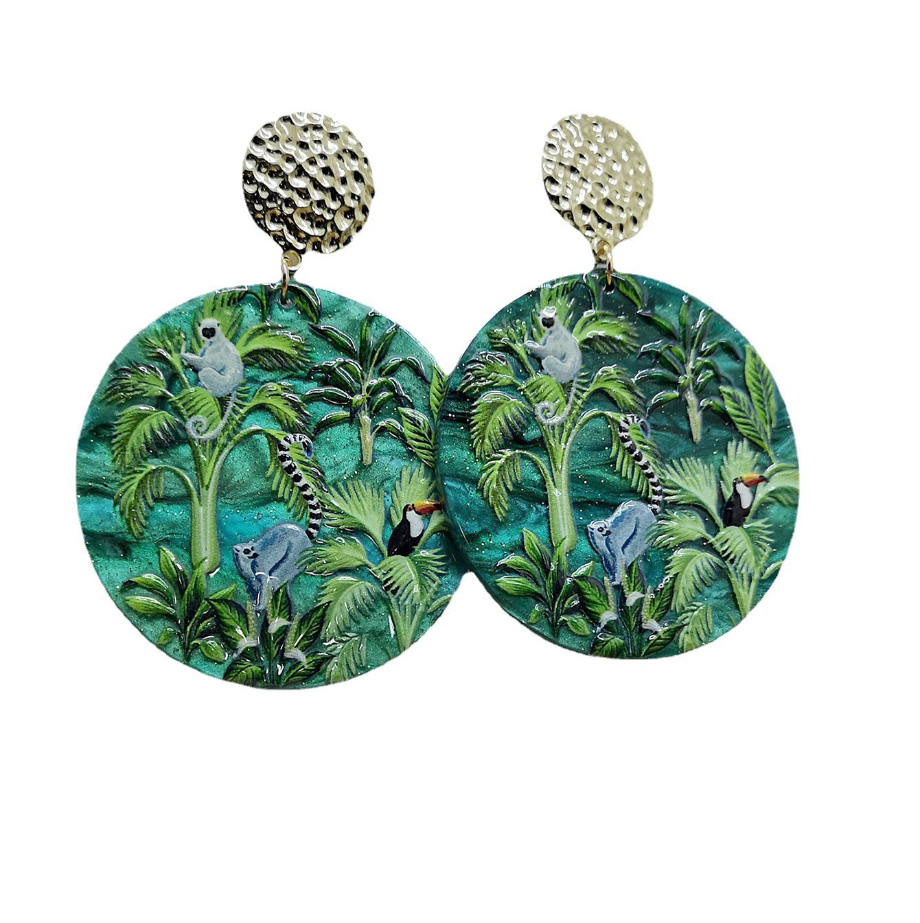 Green Rainforest Flora and Fauna 3D relief printed acrylic design sense exaggerated accessory earrings-canovaniajewelry