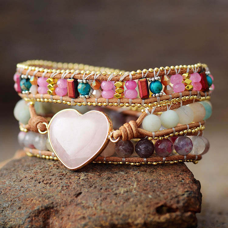 Pink crystal heart-shaped leather multi-layered bracelet-canovaniajewelry