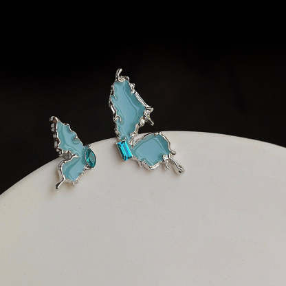 Drop Glaze Zircon Blue Asymmetric Butterfly Stud Earrings-canovaniajewelry