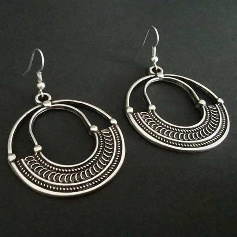 Retro geometric circular hollow out ancient silver earrings-canovaniajewelry