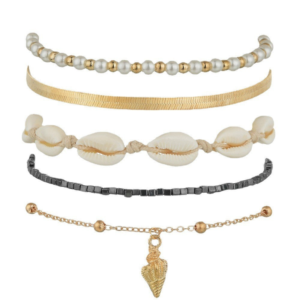 Personalized ocean wind pearl conch shell woven 5-piece anklet set-canovaniajewelry