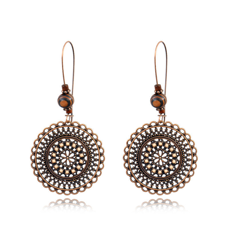 Retro fashion round flower rhinestone wooden bead earrings-canovaniajewelry