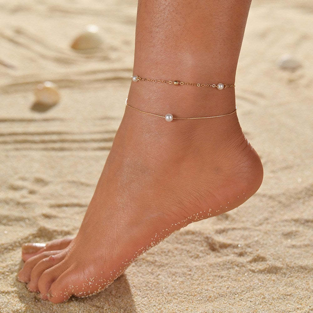 Summer Beach Pearl Double Layer Metal Anklet-canovaniajewelry