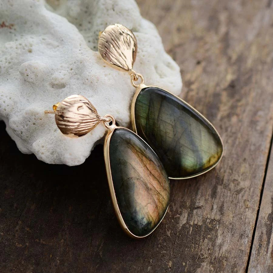 Gray Labradorite Metal Bezel Earrings-canovaniajewelry