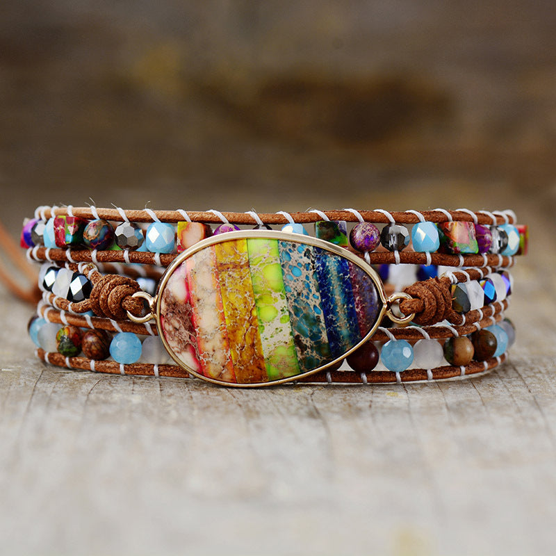 Colorful Imperial Stone Leather Rope Triple Wrap Bracelet-canovaniajewelry