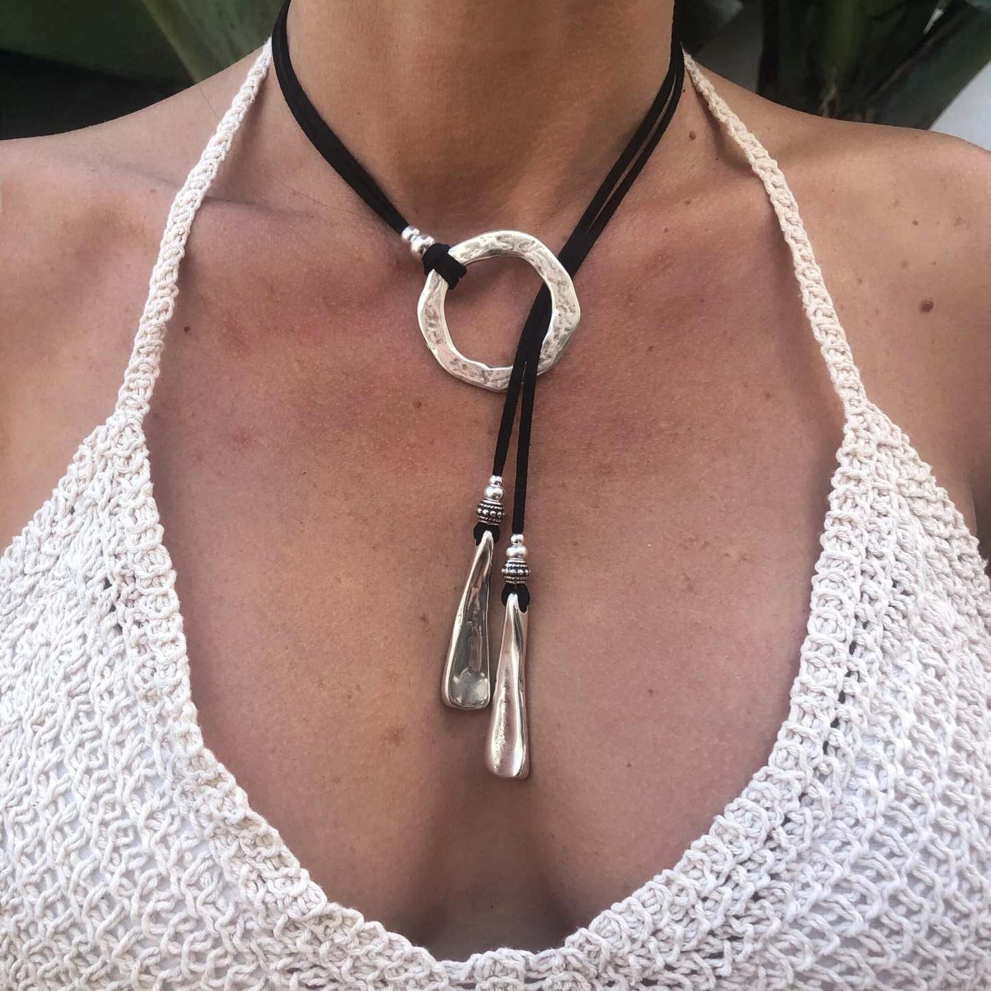 Bohemian retro literary single ring wind chime leather rope necklace-canovaniajewelry