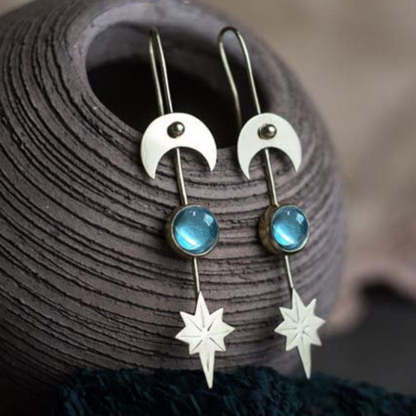 Geometric shape ancient silver star moon long earrings-canovaniajewelry