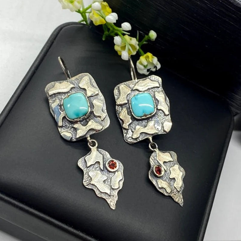 Boho retro geometric square with turquoise earrings-canovaniajewelry