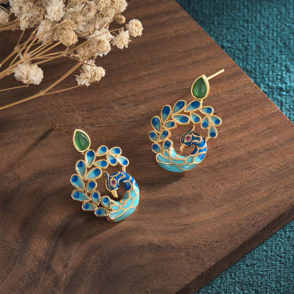 Enamel peacock natural chalcedony embellished agate earrings-canovaniajewelry