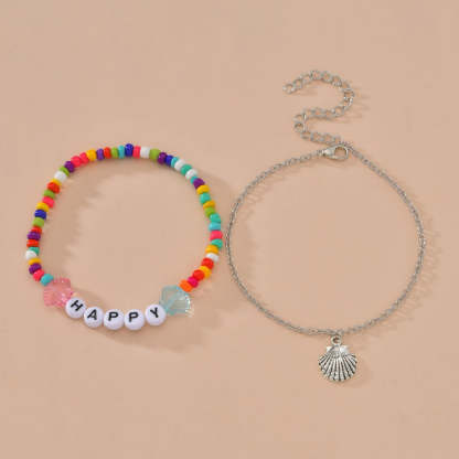 Colorful resin rice beads letter happy shell pendant double adjustable anklet-canovaniajewelry