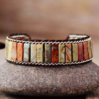 Natural stone leather hand beaded braided bracelet-canovaniajewelry