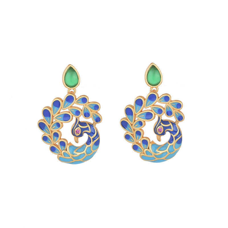 Enamel peacock natural chalcedony embellished agate earrings-canovaniajewelry