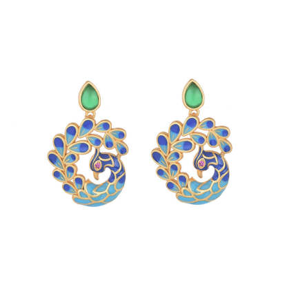 Enamel peacock natural chalcedony embellished agate earrings-canovaniajewelry