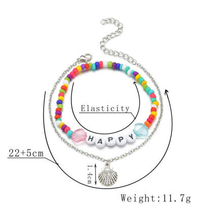 Colorful resin rice beads letter happy shell pendant double adjustable anklet-canovaniajewelry