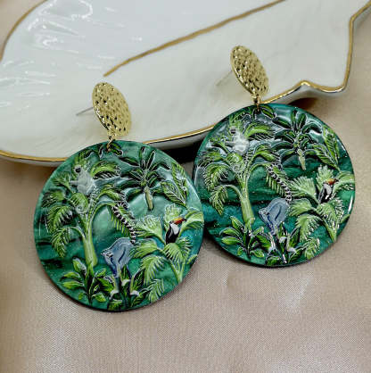 Green Rainforest Flora and Fauna 3D relief printed acrylic design sense exaggerated accessory earrings-canovaniajewelry