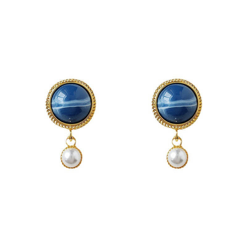 Blue Round Pearl Stud Earrings-canovaniajewelry