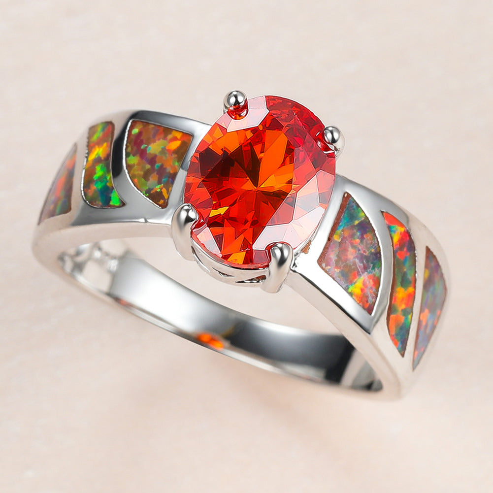 S925Red Opal Garnet Oval Diamond Ring-canovaniajewelry