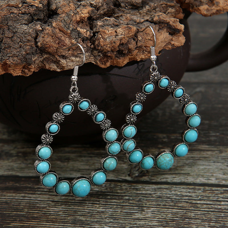 Geometric hollow drop-shaped flower turquoise earrings-canovaniajewelry