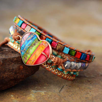 Heart-Shaped Colorful Imperial Stone Leather Bracelet-canovaniajewelry